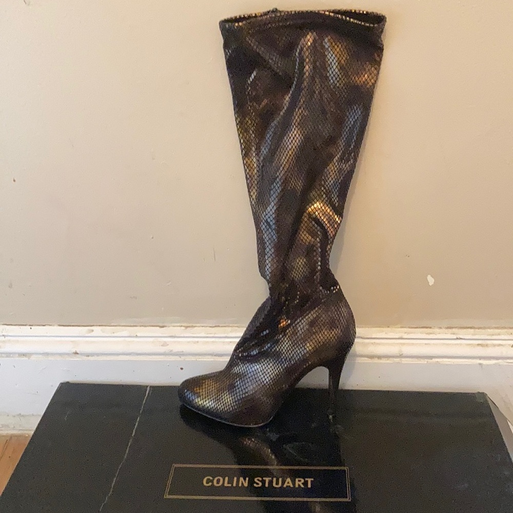 Bronze snakeskin knee high boots